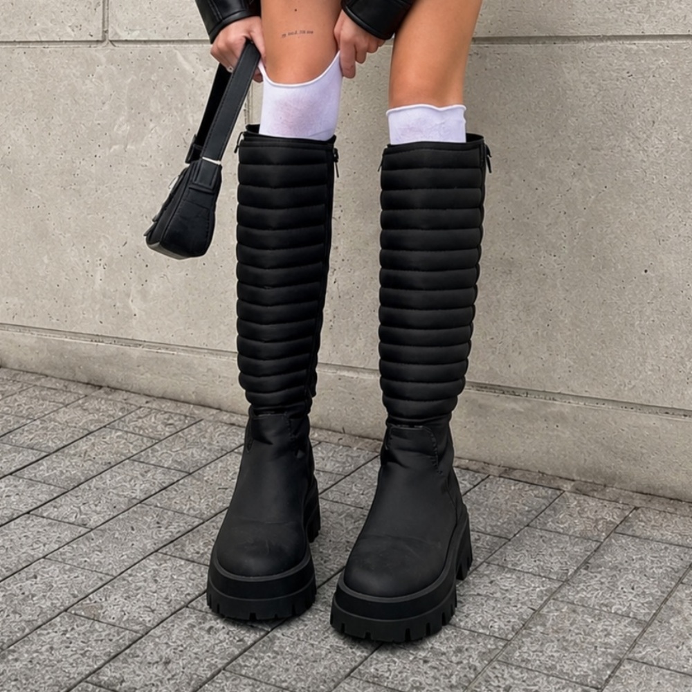 Black Quilted Knee-High Platform Boots